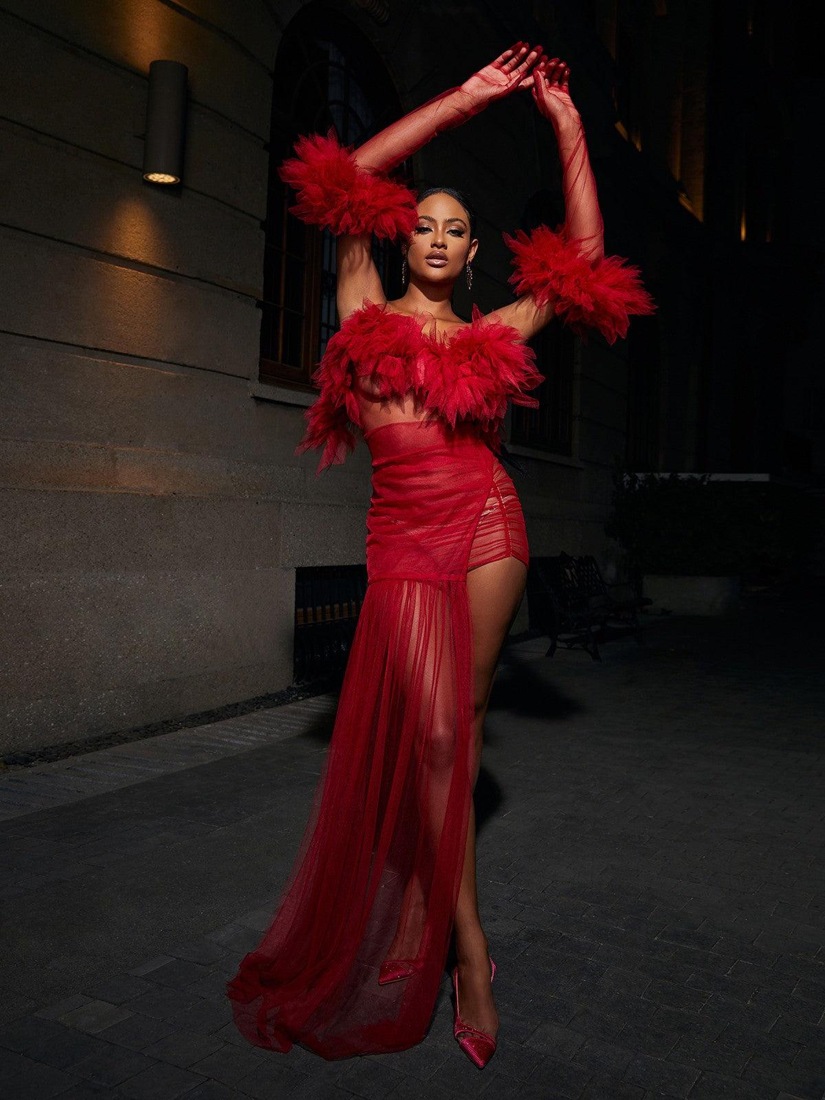 Off-Shoulder Ruffle Tulle Sheer High Slit Maxi Gown 2