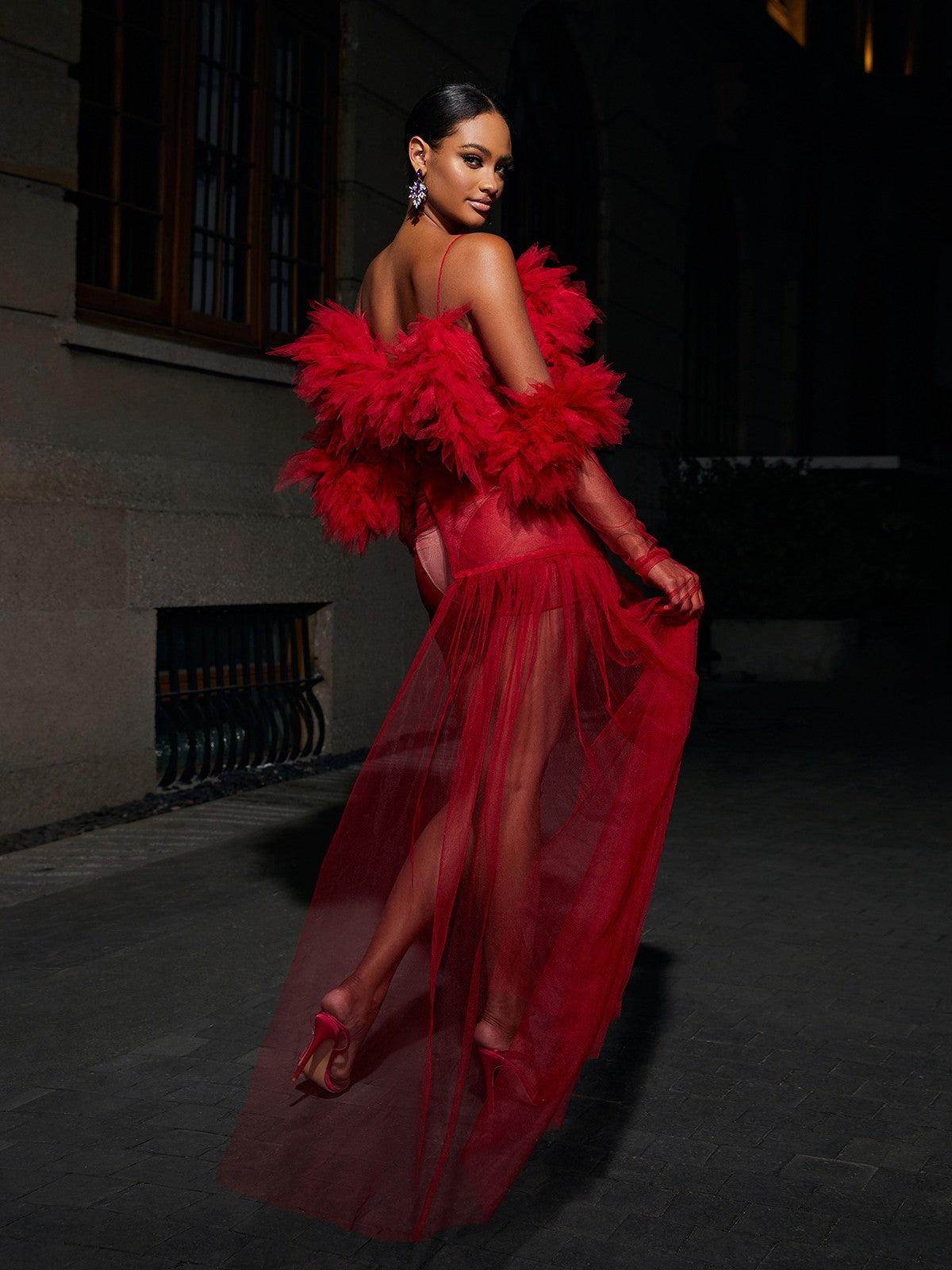 Off-Shoulder Ruffle Tulle Sheer High Slit Maxi Gown 5