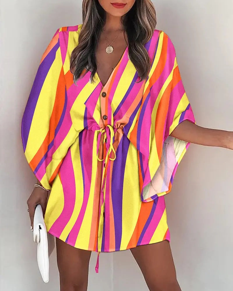 Casual Flora Print Batwing Sleeve LaceUp Dress
