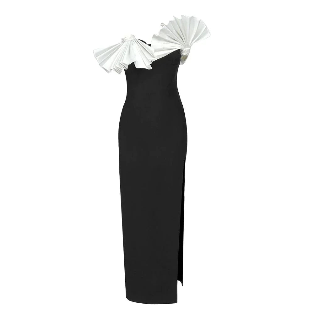 Black Strapless Contrast Ruffle Bow High Slit Column Maxi Gown