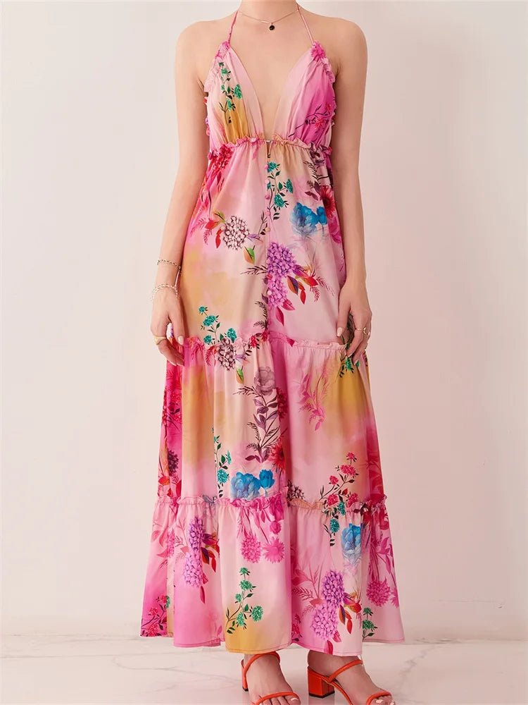 Retro Print Backless Vneck Midi Dress
