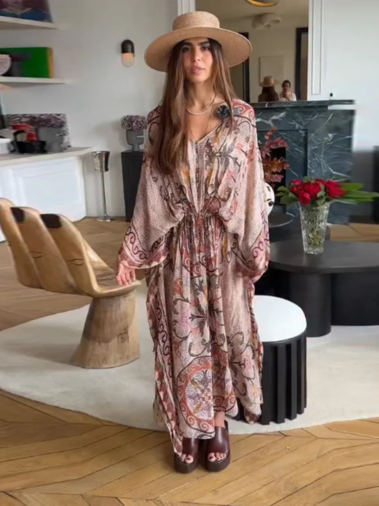 Print V-Neck Batwing Sleeve Bohemian Print Drawstring Kaftan Maxi Dress 2