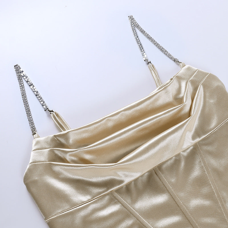 Rhinestone Strap Satin Ruched Corset Bodycon Midi Dress