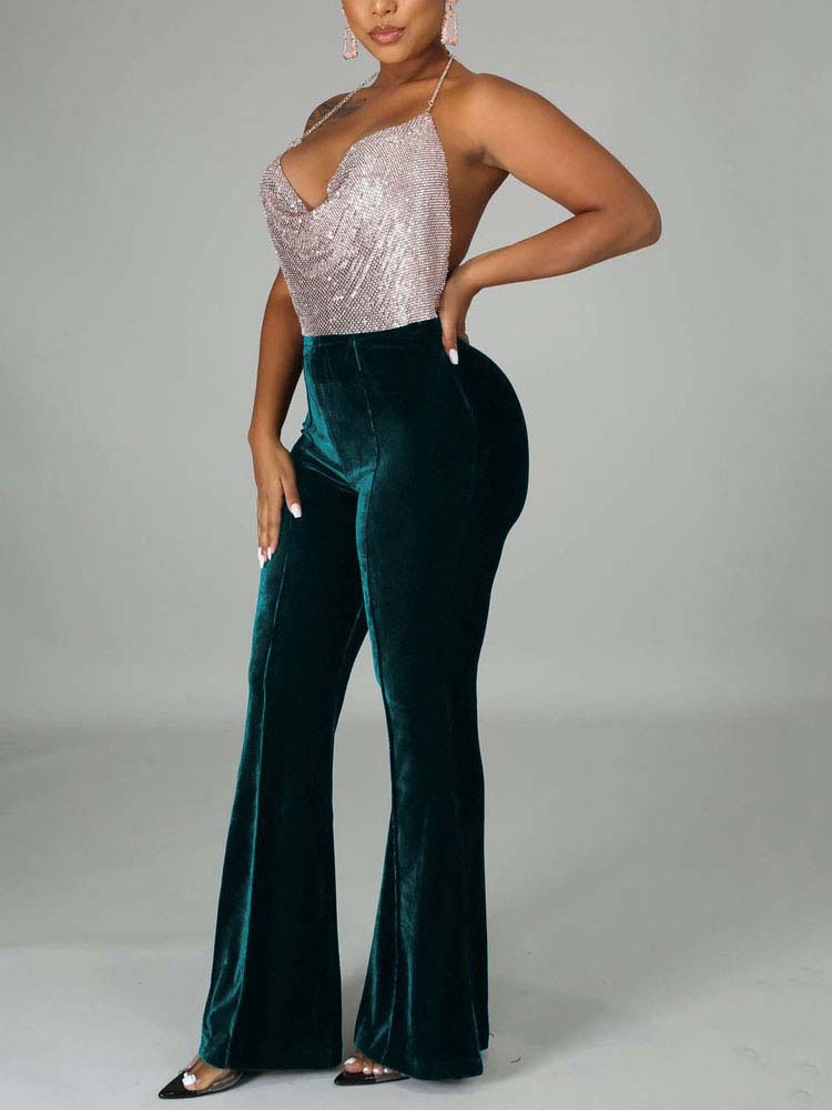 Velvet Velour Flared Bell Bottoms High Waist Pants