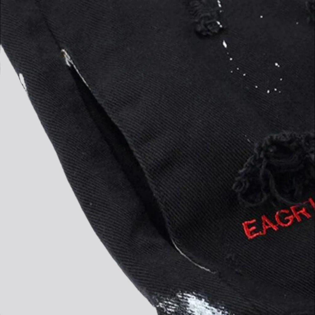Black Graffiti Print Distressed Paint Splatter Denim Jacket 4