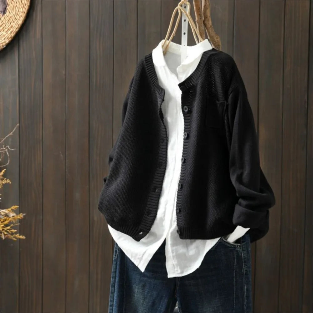 Round Neck Button Front Pocket Long Sleeve Knit Cardigan