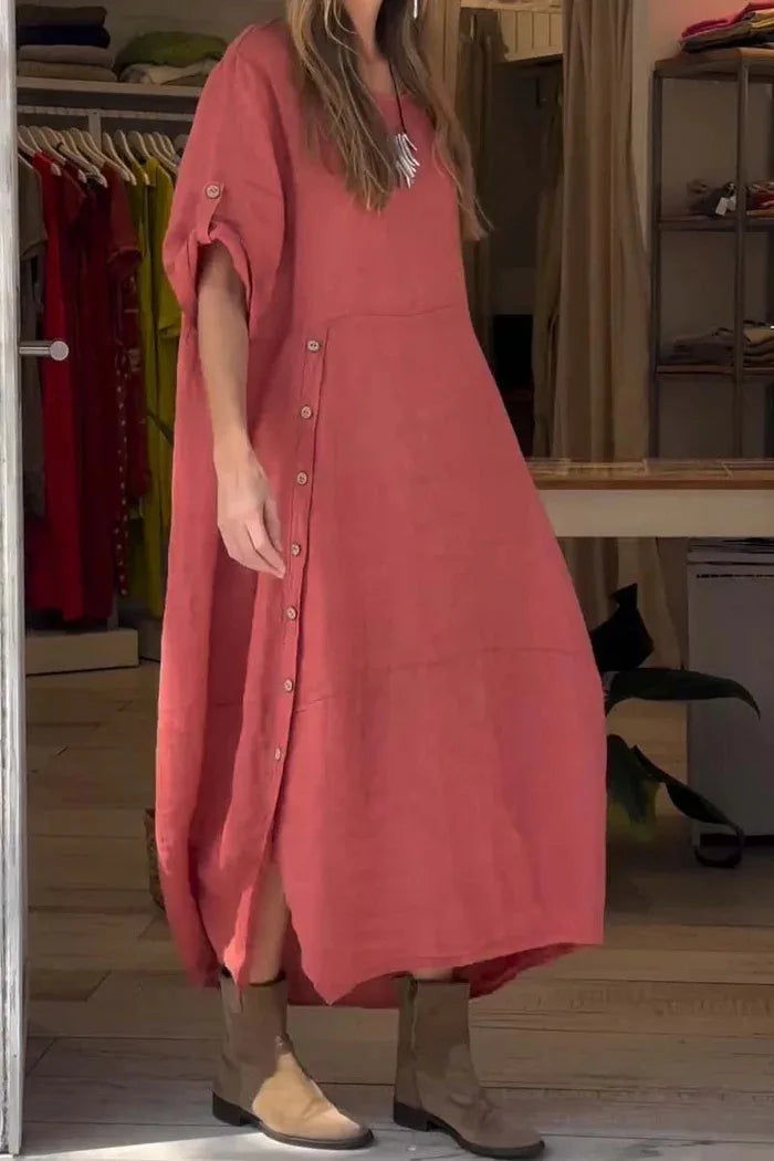 Round Neck Roll-Tab Sleeve Linen Oversized Cocoon Maxi Dress 8