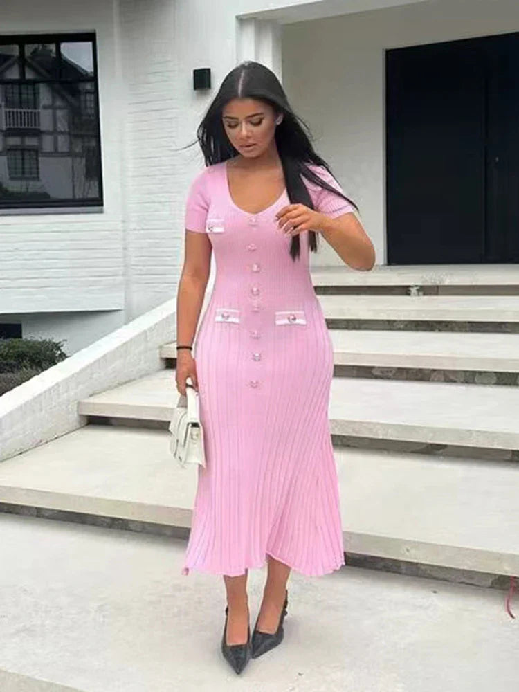 VNeck Knitted Short Sleeve Button Work Dress