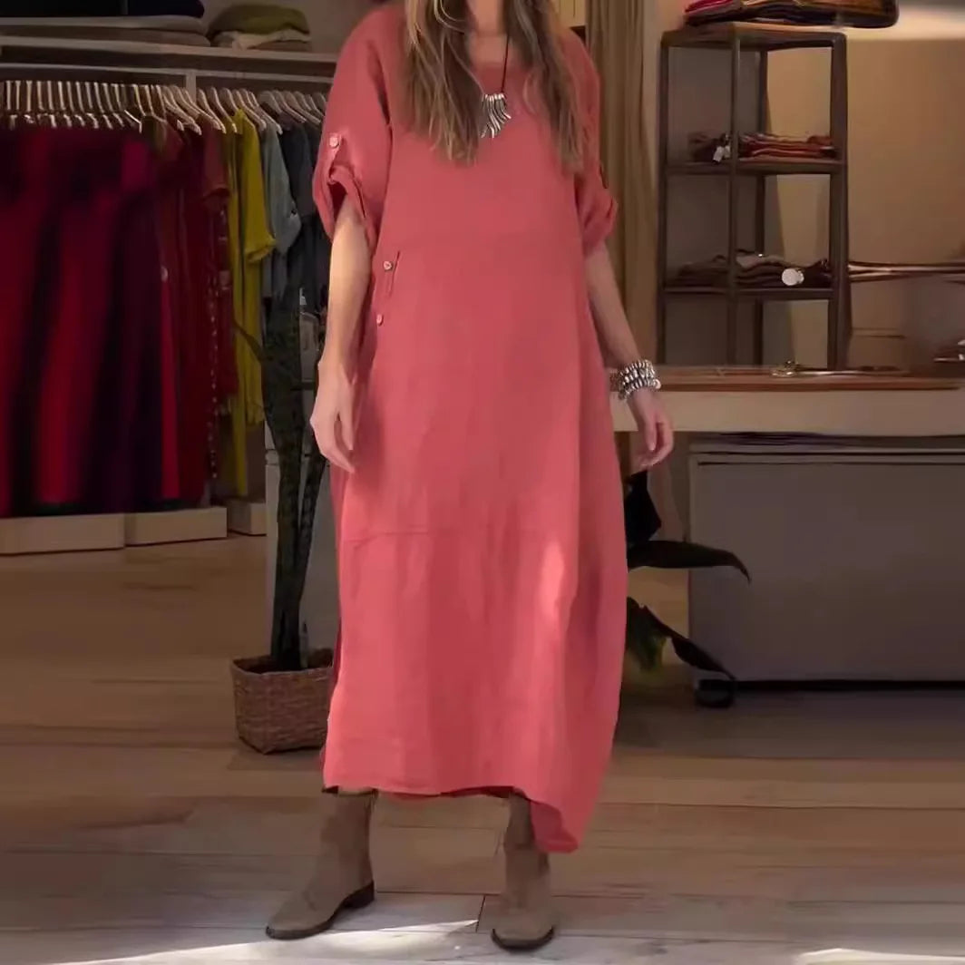 Round Neck Roll-Tab Sleeve Linen Oversized Cocoon Maxi Dress