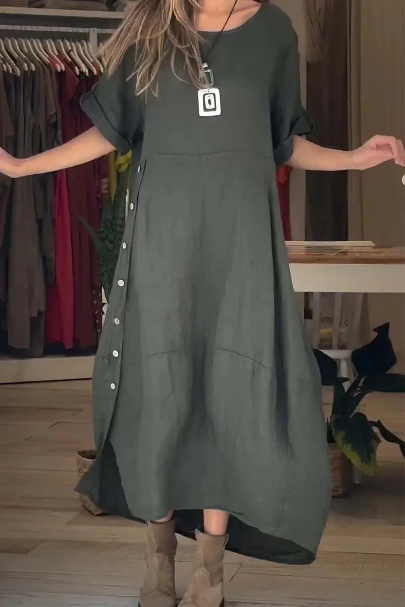 Round Neck Roll-Tab Sleeve Linen Oversized Cocoon Maxi Dress 3