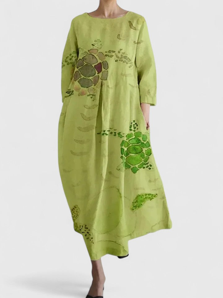 Round Neck Three-Quarter Sleeve Botanical Floral Print Cocoon Midi Dress