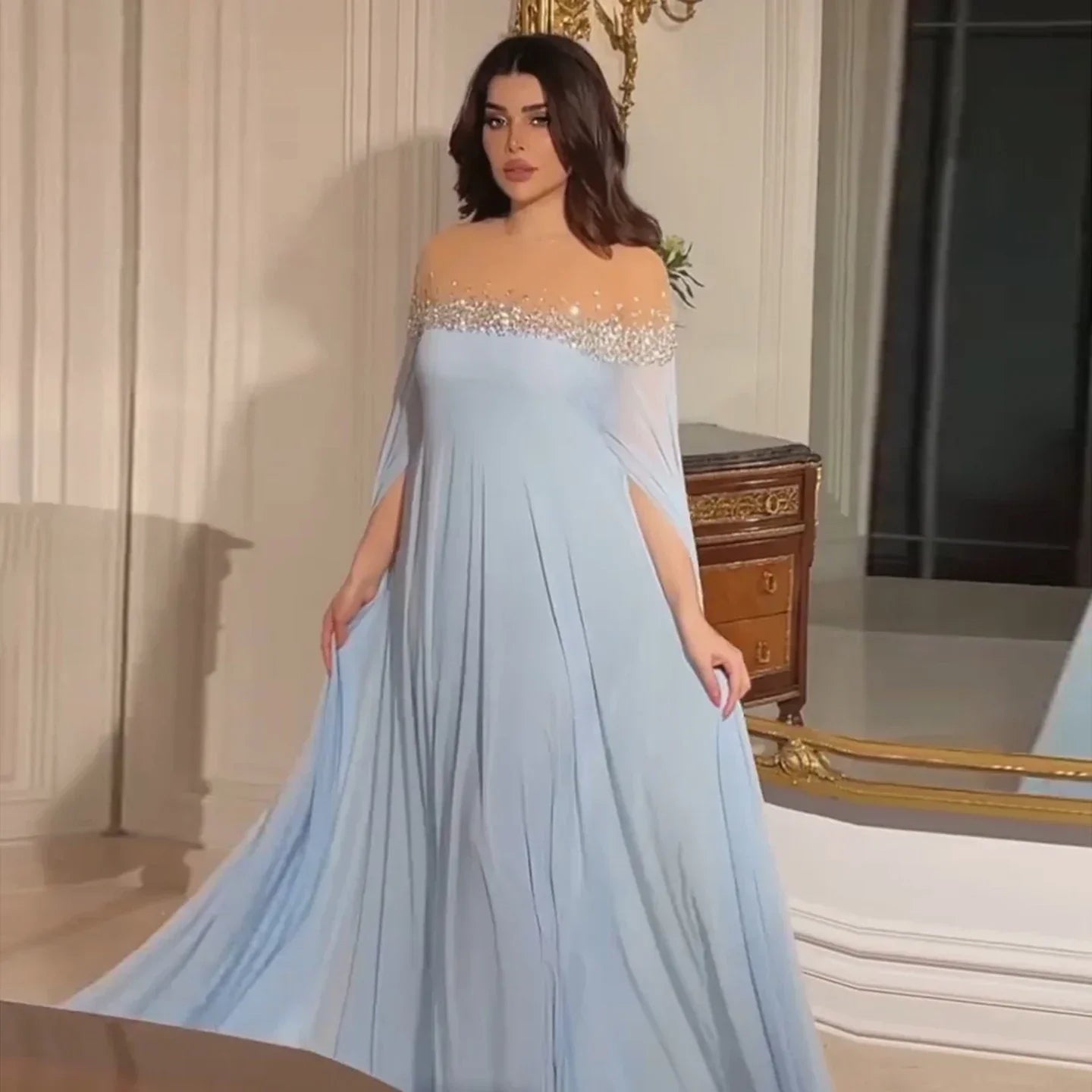 Crystal Baby Blue Evening Dress with Cape Kaftan Gowns Customized