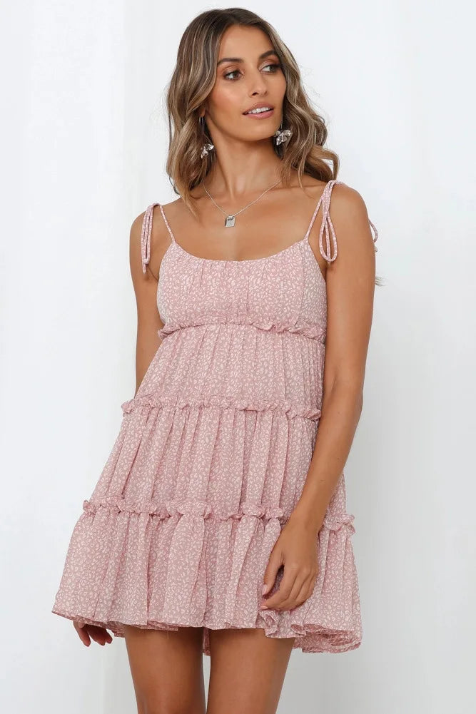 Bowknot Spaghetti Chiffon Floral Dress