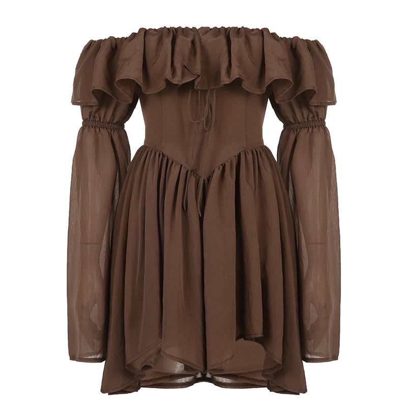 Brown Off-Shoulder Ruffle Corset Long Puff Sleeve Chiffon A-Line Mini Dress