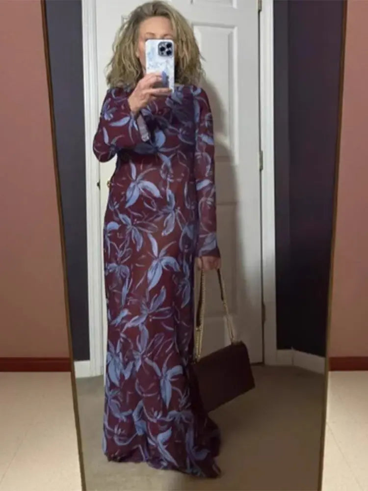 Retro Printed O neck Holiday Dress Women Elegant Full Sleeve Waist cinching Long Dresses Female 2025 Summer Chic Street Vestidos