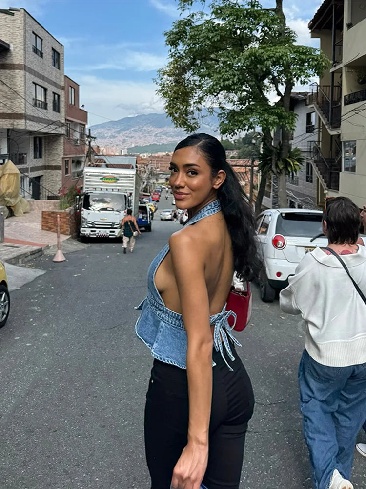 Denim Deep Vneck Backless Halter Laceup Cami Top