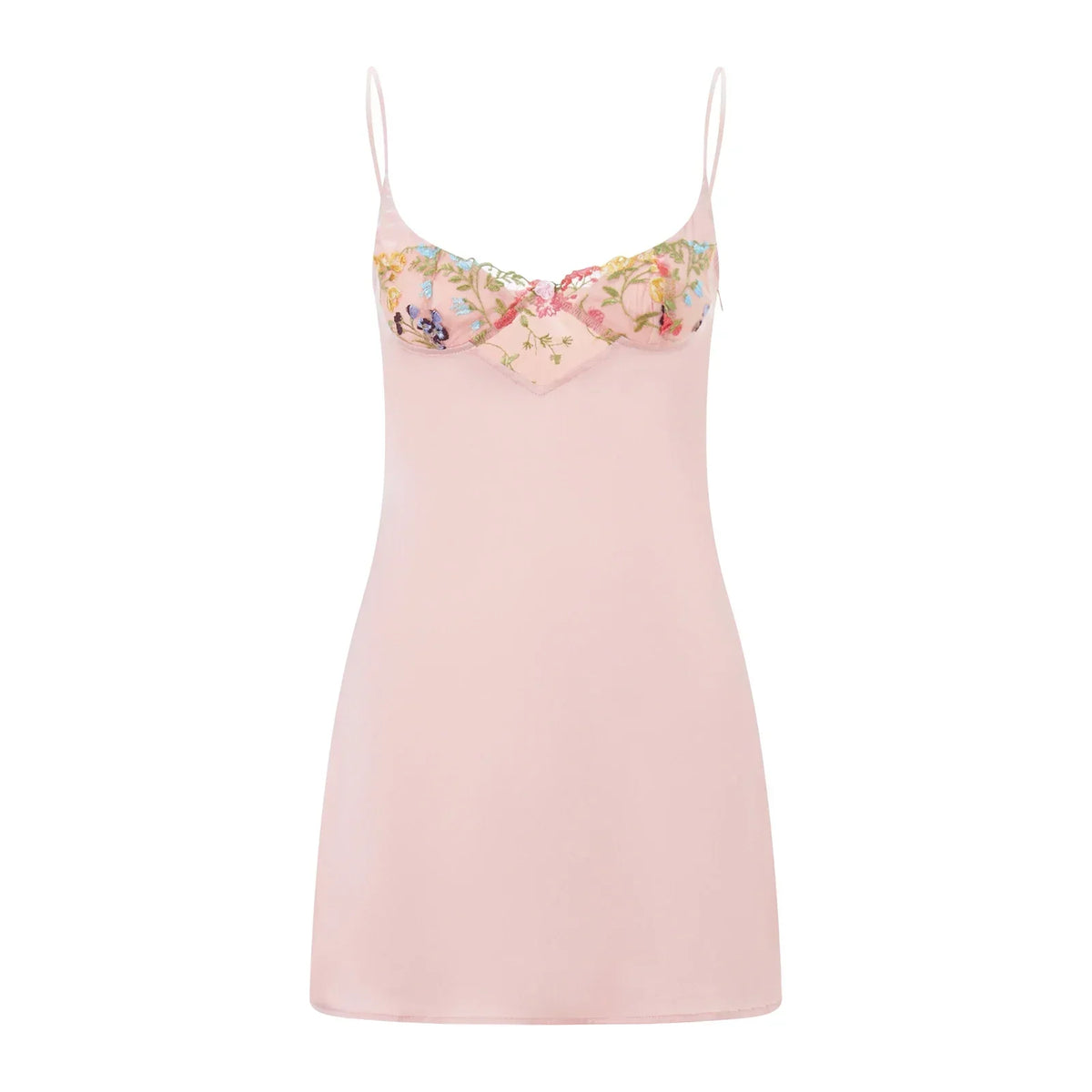 Pink Spaghetti Strap Floral Embroidery Mesh Satin Slip Mini Dress