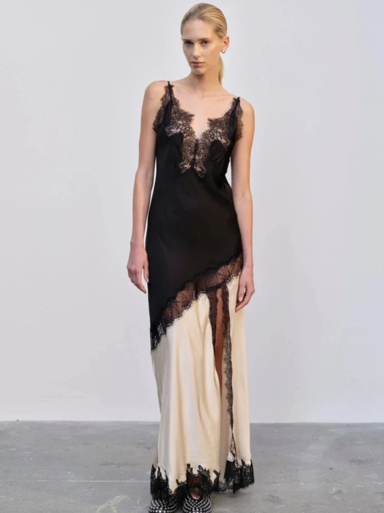 Sling VNeck Colorblock Backless Long Lace Dress