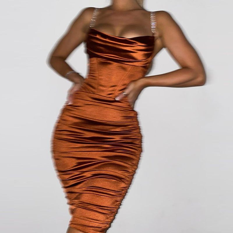 Rhinestone Strap Satin Ruched Corset Bodycon Midi Dress