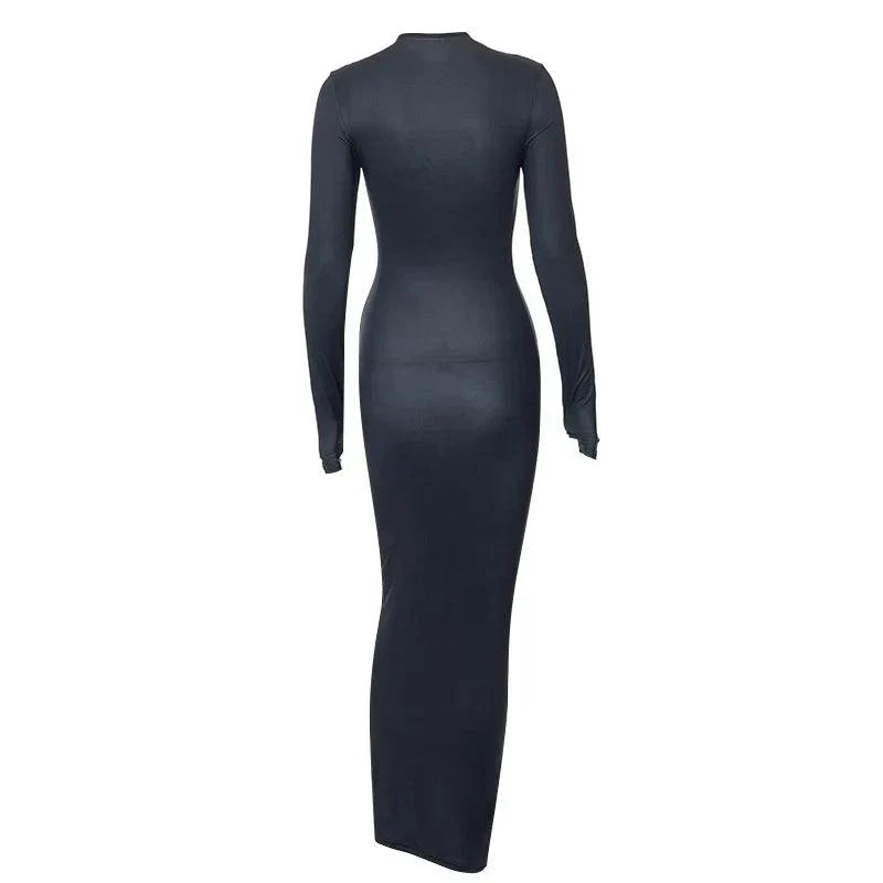 Blue Mock Neck Body Print Long Sleeve Bodycon Maxi Dress