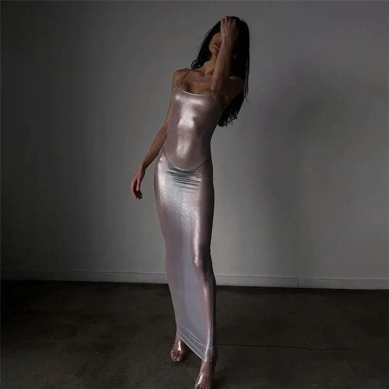 Silver Spaghetti Strap Sheer Metallic Mesh Bodycon Maxi Dress 3
