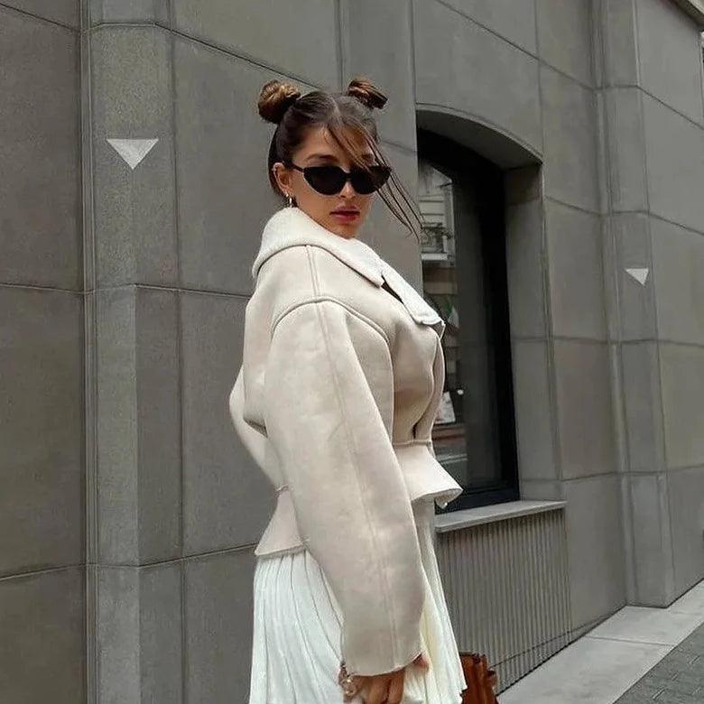 Shearling Lapel Zip Front Peplum Faux Leather Jacket