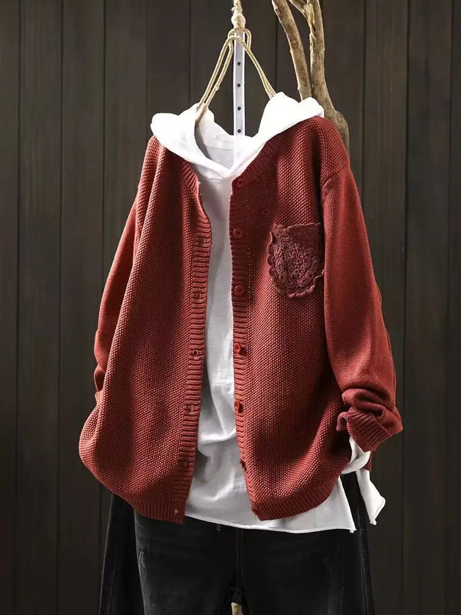 V-Neck Knit Button Front Patch Pocket Long Sleeve Cardigan