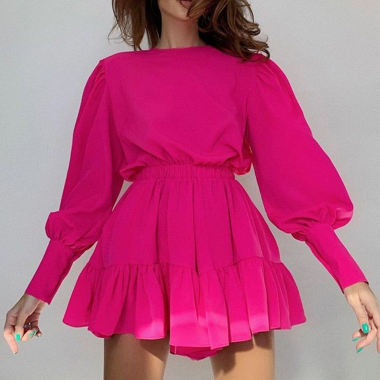 Round Neck Puff Sleeve Gathered Waist Ruffle Hem Mini Dress