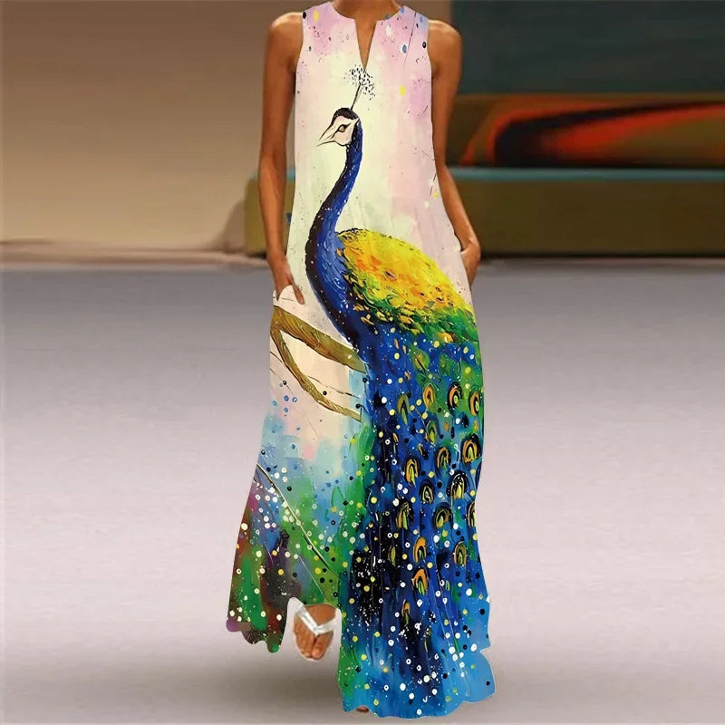 Split Neck Butterfly Print Sleeveless Pocket A-Line Maxi Dress