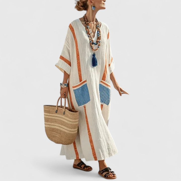 Split Neck Embroidered Striped Pocket Kaftan Maxi Dress