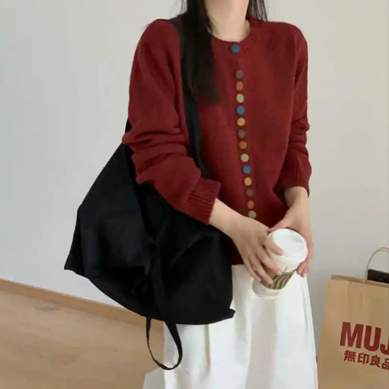 Round Neck Multicolor Button Knit Long Sleeve Cardigan