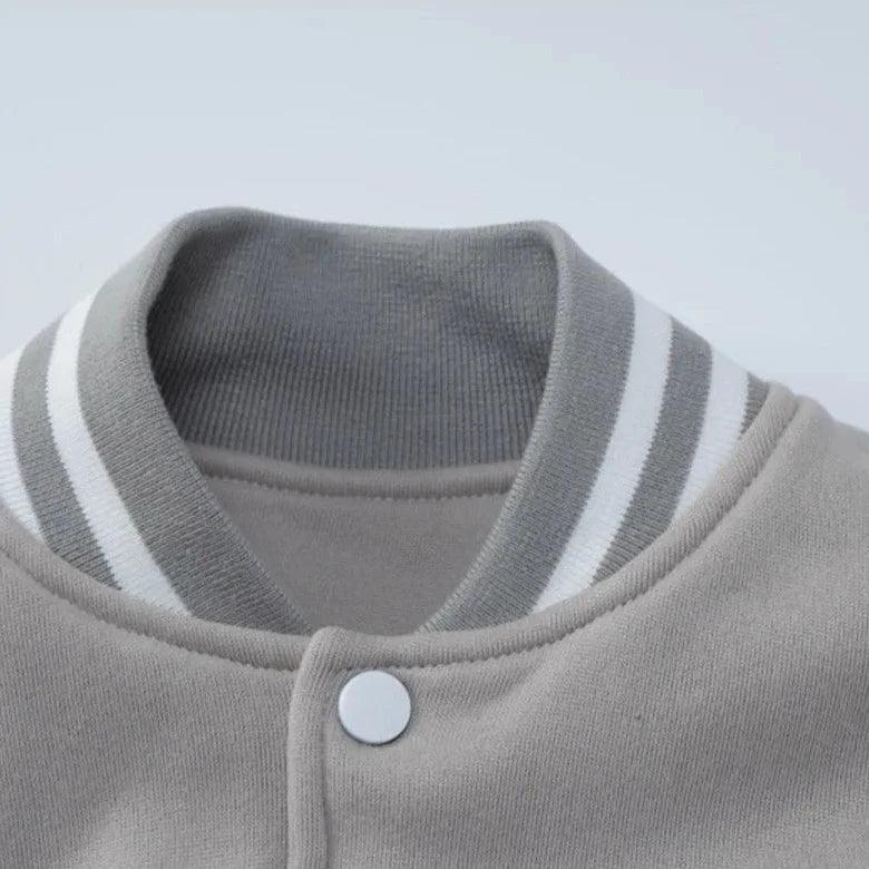 Gray Ribbed Trim Contrast Panel Oversized Varsity Bomber Jacket 6