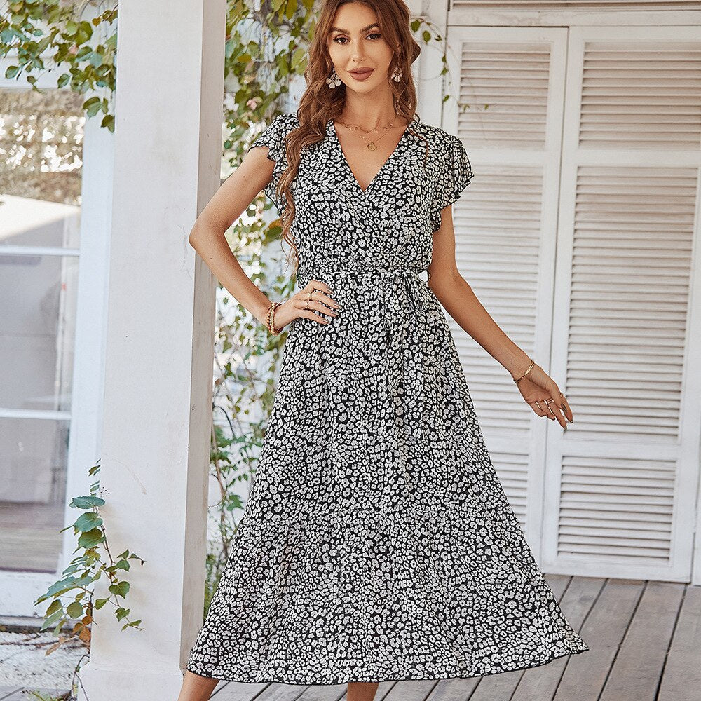 Pink Boho Resort Trendy Ladies Maxi Dress Black / S