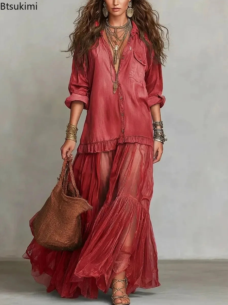 Collared Button Front Long Sleeve Denim Tulle Ruffle Maxi Dress 5