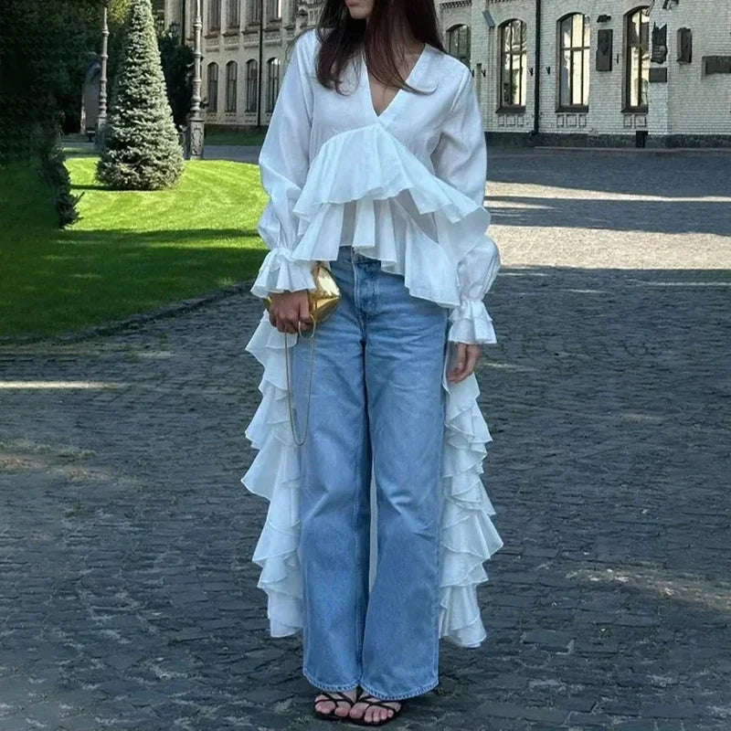 Ruffles Vneck Long Sleeve Casual Blouse