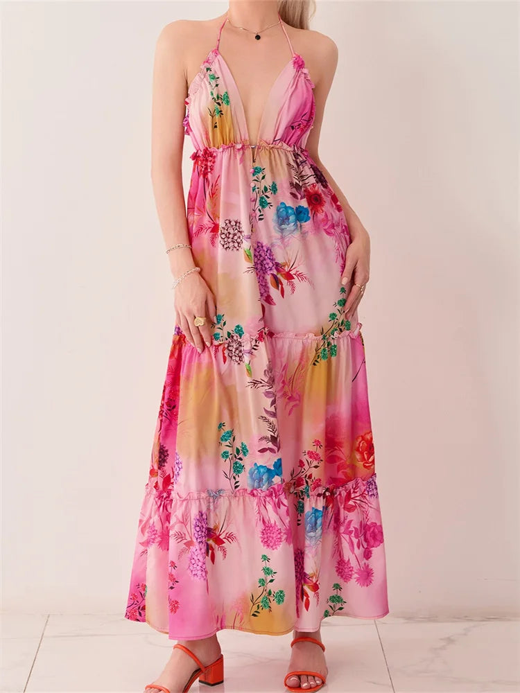 Retro Print Backless Vneck Midi Dress