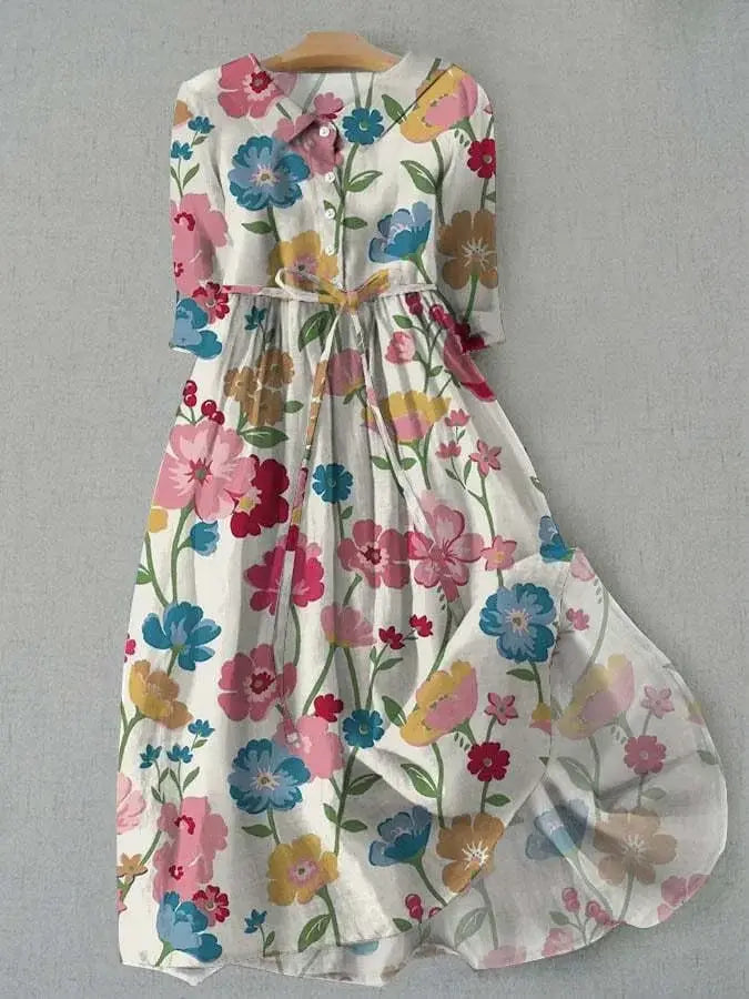 Multi Collared Floral Print Button-Up Half Sleeve A-Line Midi Dress