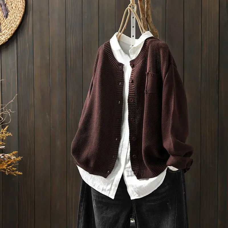 Round Neck Button Front Pocket Long Sleeve Knit Cardigan