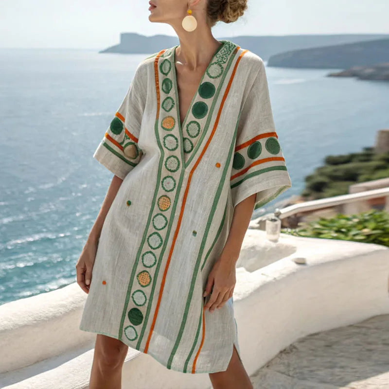 Green And Orange Pattern V-Neck Embroidered Polka Dot Batwing Sleeve Linen Kaftan Mini Dress