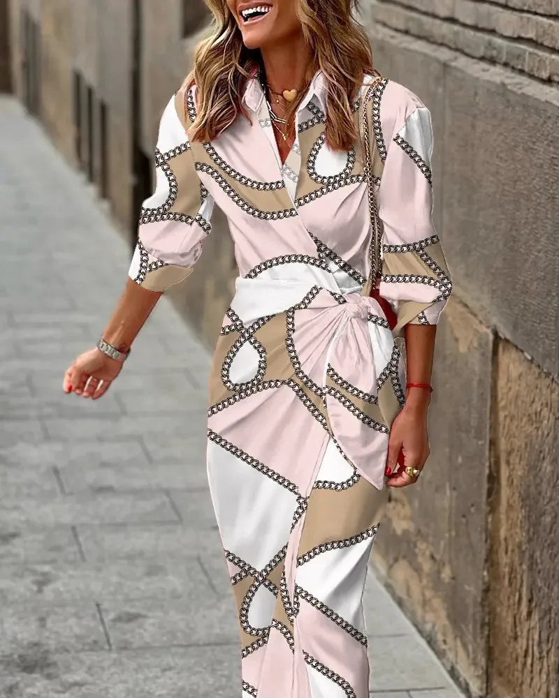Collared Geometric Print Long Sleeve Twist Waist Bodycon Midi Dress