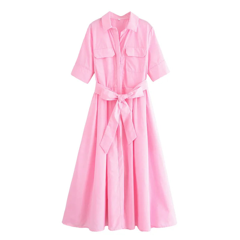 Collar Short Sleeve Chest Pocket Belted A-Line Shirt Dress 10