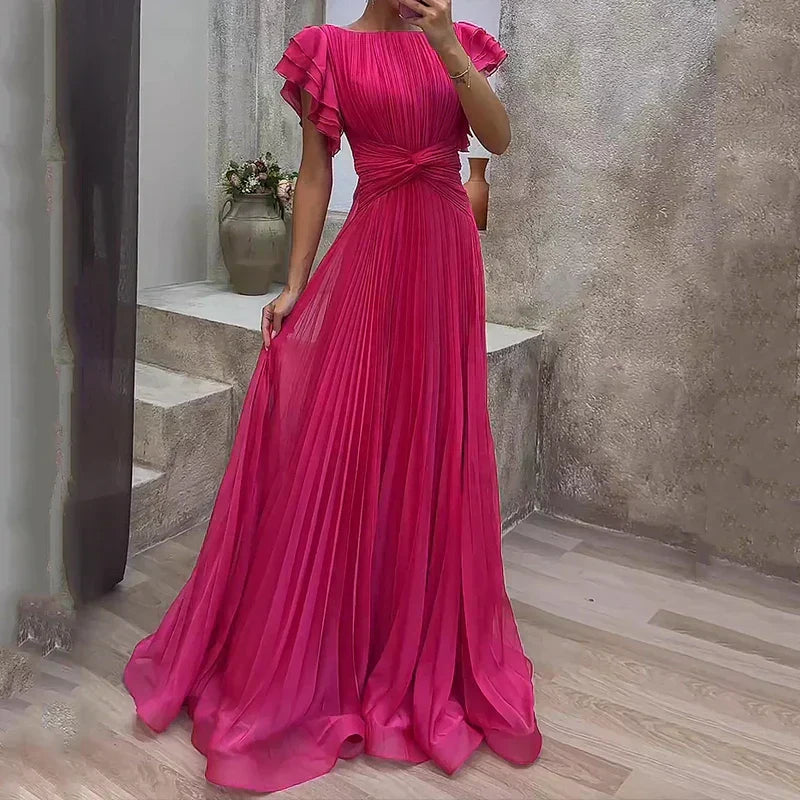Round Neck Ruffle Sleeve Pleated Twist Front A-Line Maxi Gown