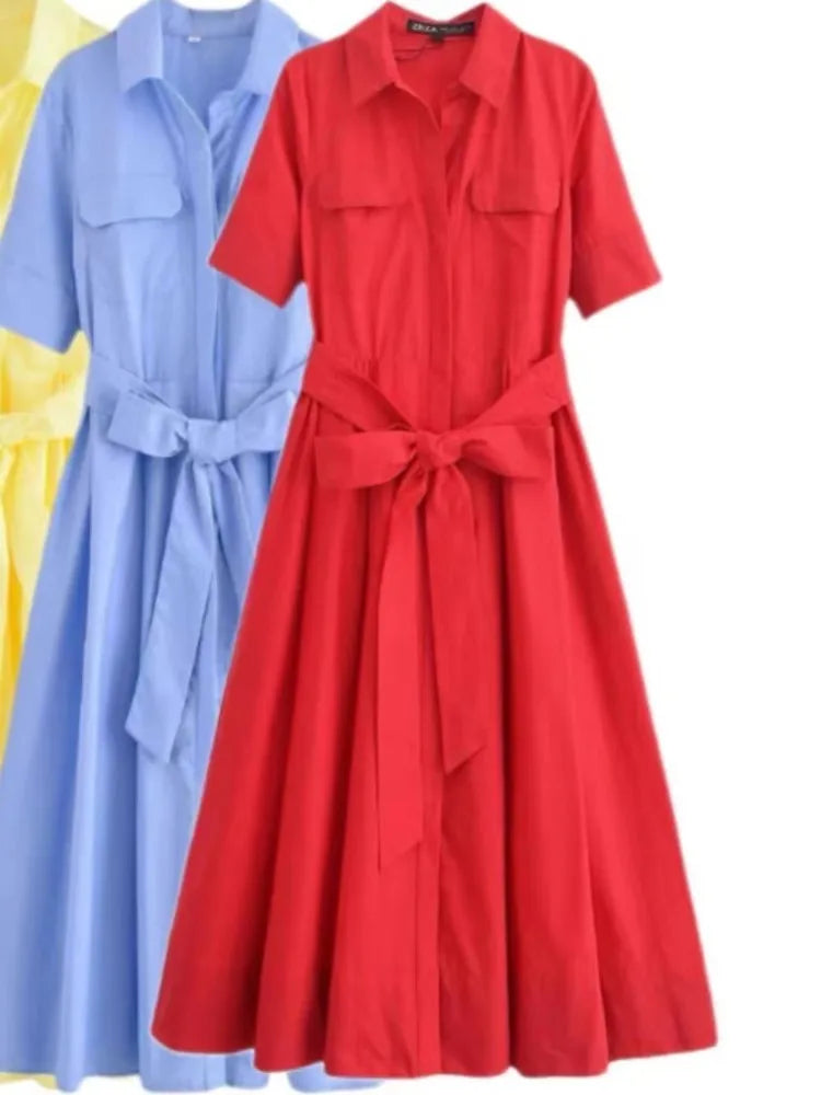 Collar Short Sleeve Chest Pocket Belted A-Line Shirt Dress
