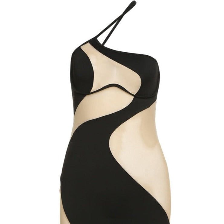 Black One Shoulder Asymmetric Mesh Cutout Illusion Bodycon Mini Dress