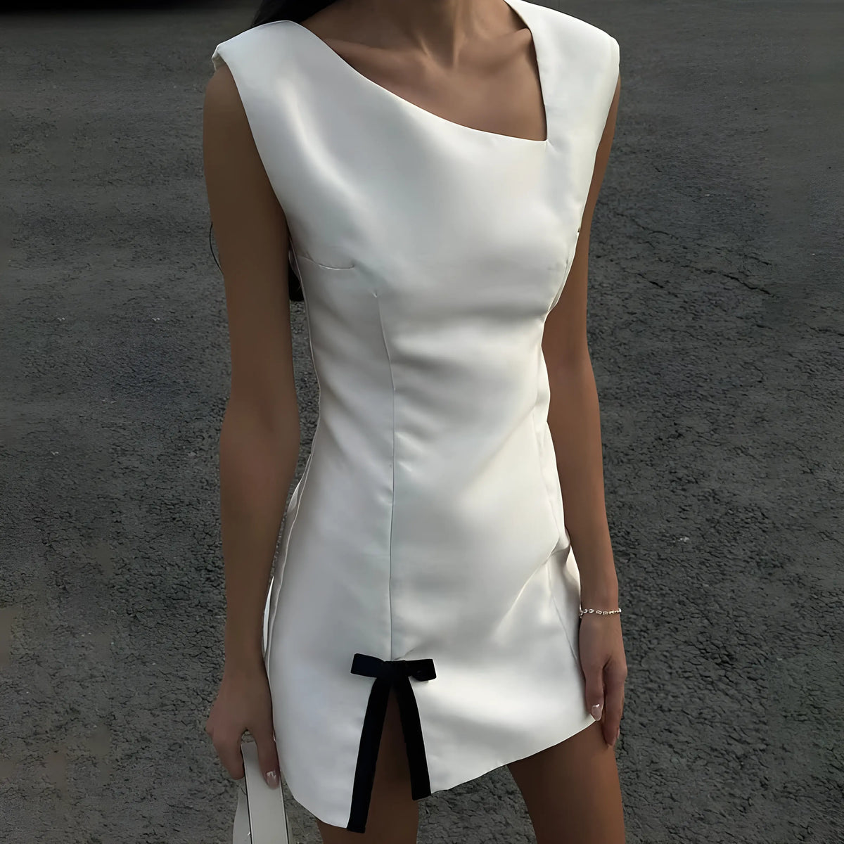 White Square Neck Satin Bow Front Slit Bodycon Mini Dress 6