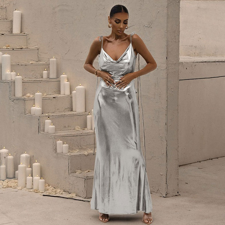 Backless Metallic Tie Strap Ruched High Slit Bodycon Maxi Dress