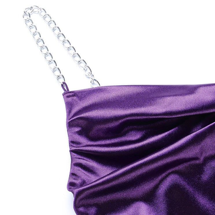 Sweetheart Chain Strap Satin Ruched Drawstring Bodycon Mini Dress