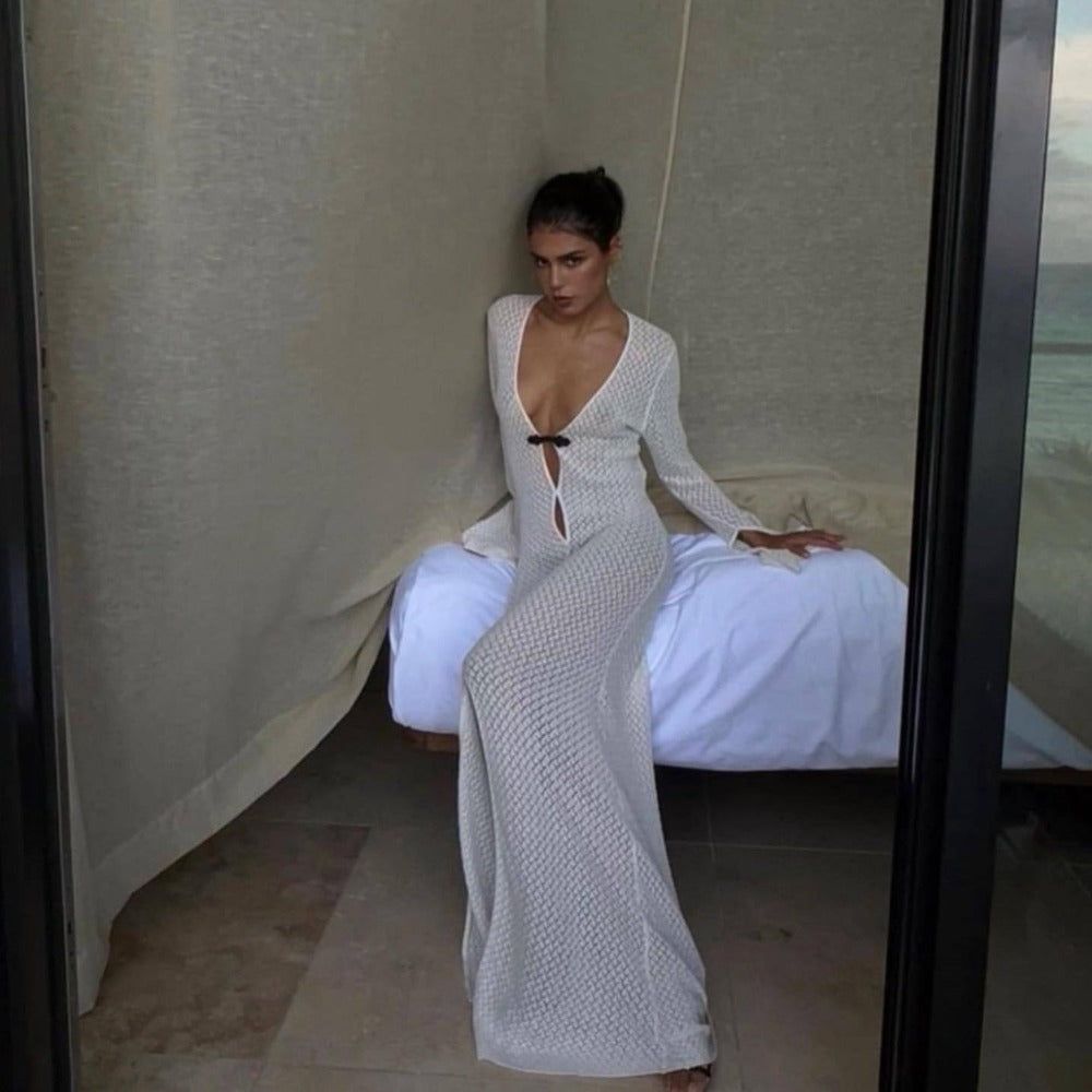 White V-Neck Pointelle Crochet Knit Long Bell Sleeve Maxi Dress
