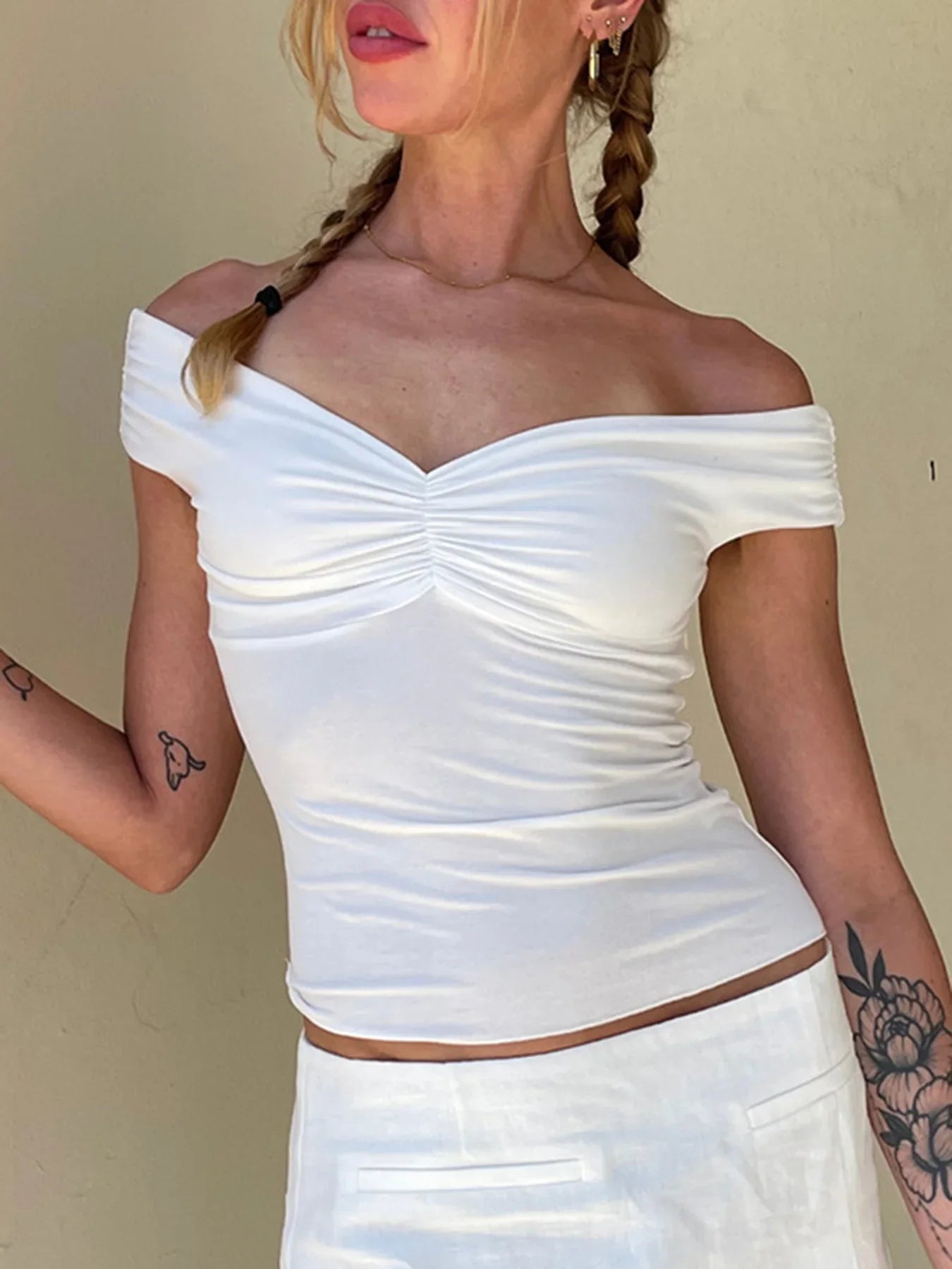 Off Shoulder Ruched VNeck Cropped Tee Crop Top