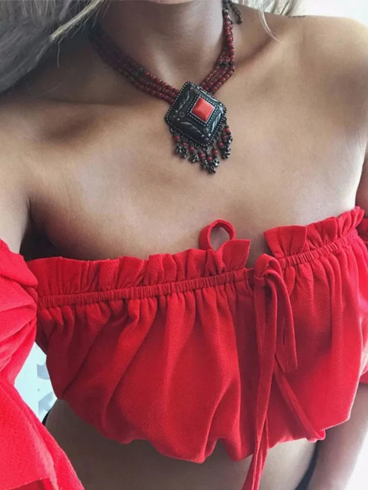 Lantern Sleeve Ruched Beach Strapless